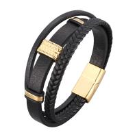 Pulseras de Cordón de PU, PU de microfibra, con acero inoxidable, chapado en color dorado, tres capas & pulsera trenzada & unisexo & diverso tamaño para la opción, Negro, 12x6mm, Vendido por UD