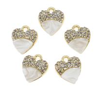 Zinc alliage strass Pendants, alliage de zinc, avec coquille, coeur, avec strass, doré, 15x13x4mm, Vendu par PC