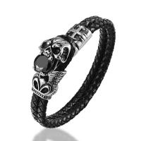 PU Armband, met 316L roestvrij staal, voor de mens & met strass, zwart, 12mm, Verkocht door PC