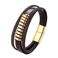 PU Leather Bracelet with Stainless Steel plated multilayer & dyed & for man Sold By PC