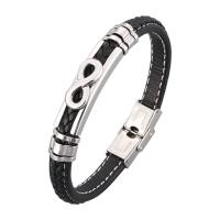 PU Microfiber Bracelet, le Cruach dhosmálta, dath airgid plated, unisex & méid éagsúla do rogha & patrún fite, dubh, 8x5mm, Díolta De réir PC