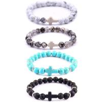 Gemstone Armbånd, Lava, med Ædelsten, Kryds, forgyldt, Unisex, flere farver til valg, 8mm, Længde Ca. 7.5 inch, Solgt af PC