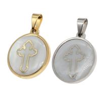 Stainless Steel Pendants with Shell Round with cross pattern Sold By PC