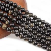 guld Obsidian Bead, Runde, poleret, du kan DIY, sort, Solgt Per 38 cm Strand