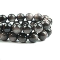 Silver + Obsidian Perla, Krug, uglađen, možete DIY, crn, Prodano Per 38 cm Strand