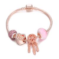 European armband, Messing, met Lampwork, Hart, licht rose goud plated, slang keten & voor vrouw, roze, nikkel, lood en cadmium vrij, Lengte Ca 7 inch, Verkocht door PC