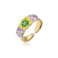 cobre Cuff Ring Finger, 18K banhado a ouro, Ajustável & com padrão de flores & micro pavimento em zircônia cúbica & para mulher & esmalte, cores misturadas, 7mm, vendido por PC