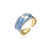 laiton Cuff Bague, Plaqué or 18K, Réglable & pour femme & émail, bleu, 9mm, Vendu par PC