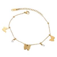 Fashion Jewelry Anklet, Acier titane, avec 1.97inch chaînes de rallonge, papillon, Plaqué or 18K, bijoux de mode & pour femme, Longueur 7.48 pouce, Vendu par PC