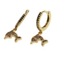 Brinco de gota aro abraço, cobre, Golfinho, micro pavimento em zircônia cúbica & para mulher, dourado, 13x9x3mm, vendido por par