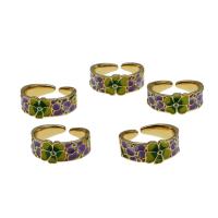 Brass Cuff Finger Ring Adjustable & with flower pattern & micro pave cubic zirconia & for woman & enamel mixed colors Sold By PC