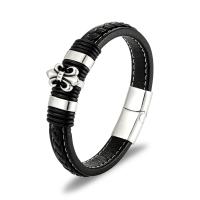 Cuero Pulsera, con Partículas de acero, chapado en color de plata, patrón de tejido & para hombre, Negro, 12mm, longitud aproximado 8.27 Inch, Vendido por UD