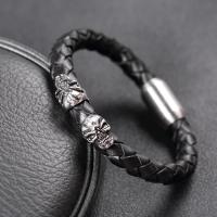 Cuero Pulsera, con Partículas de acero, Calavera, chapado en color de plata, pulsera trenzada & diverso tamaño para la opción & para hombre, Negro, 8mm, Vendido por UD