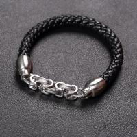 Cuero de PU Pulsera, con Partículas de acero, chapado en color de plata, pulsera trenzada & para hombre, Negro, Vendido por UD