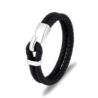 Cuero Pulsera, con Partículas de acero, chapado en color de plata, Doble capa & pulsera trenzada & para hombre, Negro, 11.20mm, longitud aproximado 8.27 Inch, Vendido por UD