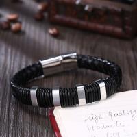 Cuero Pulsera, con Partículas de acero, chapado en color de plata, pulsera trenzada & diverso tamaño para la opción & para hombre, Negro, 15x54mm, Vendido por UD