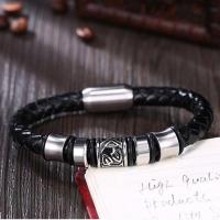 Cuero de PU Pulsera, con acero inoxidable, chapado en color de plata, pulsera trenzada & diverso tamaño para la opción & para hombre, Negro, 12x50mm, Vendido por UD