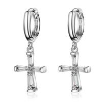 Huggie Hoop Drop Earring Brass Cross micro pave cubic zirconia & for woman Sold By Pair