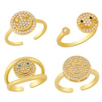 Brass Cuff Finger Ring Smiling Face Adjustable & micro pave cubic zirconia & for woman golden Sold By PC