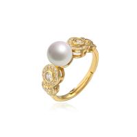 Kubieke Circonia Micro Pave Brass Ring, Messing, met Plastic Pearl, 18K verguld, Verstelbare & micro pave zirconia, 7mm, Verkocht door PC