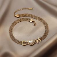 Mode Choker Ketting, Titanium Staal, met Plastic Pearl, met 5cm extender keten, De Brief van het alfabet, gold plated, verschillende stijlen voor de keuze & voor vrouw, gouden, 43x43mm, Lengte Ca 43 cm, Verkocht door PC