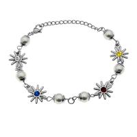 Titanium stål armbånd, med Rhinestone & Plastic Pearl, med 5cm extender kæde, Flower, sølvfarvet forgyldt, Unisex, sølv, 10x10mm, Længde Ca. 20 cm, Solgt af PC