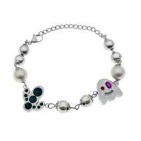 Tíotáiniam Cruach Bracelet, Cruach Tíotáiniam, le Ciúbach Zirconia & Pearl Plaisteacha, le 5cm slabhra extender, Cartoon, dath airgid plated, unisex, airgid, Fad Thart 17 cm, Díolta De réir PC