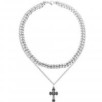 Collier d'acier titane, croix, poli, Double couche & unisexe & chaîne de gourmette, argent, 15x30mm, Longueur Environ 45 cm, Vendu par PC