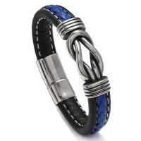 PU Cord Armband, med ROSTFRITT STÅL, silver pläterad, flätat armband & Unisex & olika storlek för val, svart, 12mm, Säljs av PC