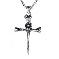 Titanium stål halskæde, Skull Cross, sølvfarvet forgyldt, Unisex, sølv, 15x30mm, Længde Ca. 60 cm, Solgt af PC