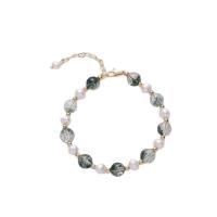 Braccialetti in cristallo naturale, lega in zinco, with Quarzo fantasma verde & perla d'acquadolce coltivata naturalmente, placcato color oro, per la donna, bianco, 5mm, Lunghezza Appross. 20 cm, Venduto da PC