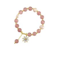 Quarz Armbänder, Strawberry Quartz, mit Natürliche kultivierte Süßwasserperlen & Kunststoff Perlen & Zinklegierung, Blume, goldfarben plattiert, Länge Einstellbar & für Frau, helles Rosa, 5mm, Länge ca. 20 cm, verkauft von PC