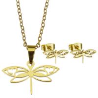 Roestvrij staal sieraden sets, Stud Oorbel & halsketting, Dragonfly, voor vrouw, gouden, 21*13mm,1.5mm,12*6mm, Lengte 17 inch, Verkocht door Stel