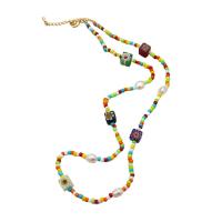 Lampwork Necklace Brass with Seedbead & Freshwater Pearl & Lampwork real gold plated for woman multi-colored 8mm Length 51 cm Sold By PC