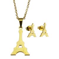 Parures de bijoux en acier inoxydable, Boucle d’oreille stud & collier, Tour Eiffel, pour femme, doré, 13*21mm,1.5mm,8*12mm, Longueur 17 pouce, Vendu par fixé