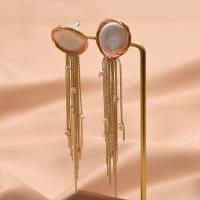 Fashion Fringe Oorbellen, Messing, met 925 sterling zilver & Zoetwater Parel, 18K verguld, voor vrouw, 72mm, Verkocht door pair