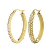 Mens acier inoxydable Hoop boucles d'oreilles, pour femme & avec strass, doré, 27x36mm, Vendu par paire