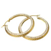 Mens acier inoxydable Hoop boucles d'oreilles, pour femme & avec strass, doré, 40x42mm, Vendu par paire