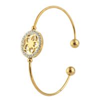 Roestvrij staal Manchet Bangle, met bloempatroon & voor vrouw & met strass, gouden, 20*20mm,2mm, Binnendiameter:Ca 65mm, Verkocht door PC