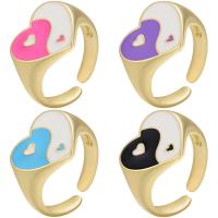 Messing Cuff fingerring, Heart, guldfarve belagt, Justerbar & Tai Ji & emalje, flere farver til valg, 21x13mm, Solgt af PC