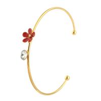 acier inoxydable bracelet manchette, fleur, pour femme & avec strass, doré, 7*7mm,10*10mm,2mm, Diamètre intérieur:Environ 51mm, Vendu par PC