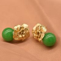 Brass Stud Earring with Jade & 925 Sterling Silver gold color plated for woman green 18mm Sold By Pair