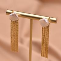 Fashion Fringe Earrings Brass with 925 Sterling Silver & Freshwater Pearl gold color plated for woman 88mm Sold By Pair