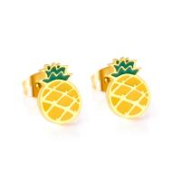 Roestvrij staal Stud Earrings, Ananas, gold plated, voor vrouw, 7.40x10.40mm, Verkocht door pair