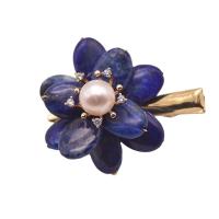 Pinces bec, Lapis lazuli, avec perle d'eau douce cultivée & laiton, fleur, Plaqué or 18K, pour femme, 50mm, Vendu par PC