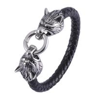 Cuero de PU Brazalete, con acero inoxidable, Joyería & diverso tamaño para la opción & patrón de tejido & para hombre, Negro, libre de níquel, plomo & cadmio, Vendido por UD