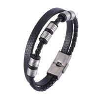 Cuero de PU Pulsera, con acero inoxidable, Doble capa & diverso tamaño para la opción & patrón de tejido & para hombre, Negro, Vendido por UD