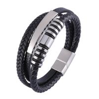 Cuero de PU Pulsera, con acero inoxidable, multicapa & diverso tamaño para la opción & patrón de tejido & para hombre, Negro, Vendido por UD