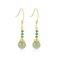 Pendientes de Gemas, Plata de ley 925, con Hetian Jade & Calcedonia verde, chapado en color dorado, diferentes materiales para la opción & para mujer & con diamantes de imitación, 4.5x11.5mm, 0.6mm, Vendido por Par