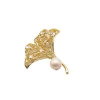 Zoetwater Parel Broche, Messing, met Zoetwater Parel, Ginkgo Leaf, gold plated, voor vrouw & met strass, meer kleuren voor de keuze, 58mm, Verkocht door PC